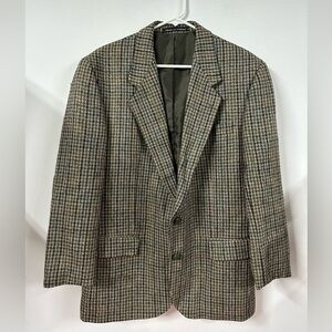 Donegal II Houndstooth Irish Wool Blazer 42S Leather Wrapped Buttons Beige